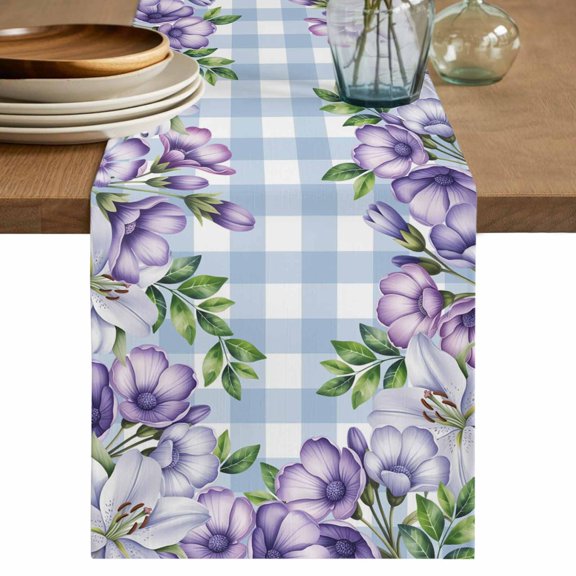 Table Runner 60 Inches Long for Kitchen Dining, Purple Flowers Dresser Scarf Farmhouse, Dining Table Decorations for Wedding/Parties, Spring Floral Leaves Plants Blue Plaid 13 x 60 In