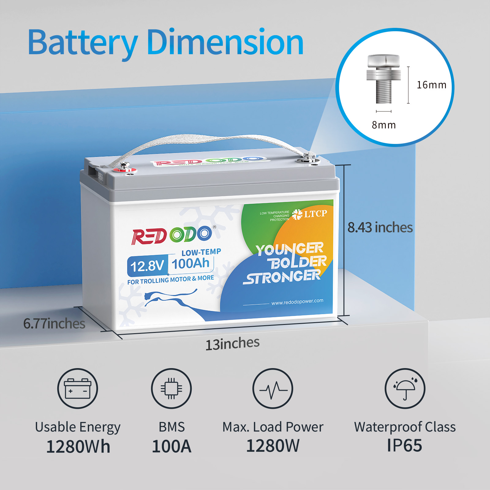 Redodo 12.8V 100Ah Trolling Motor LiFePO4 Battery with Low Temperature Cutoff Protection Deep Cycle Group 31 Lithium Battery