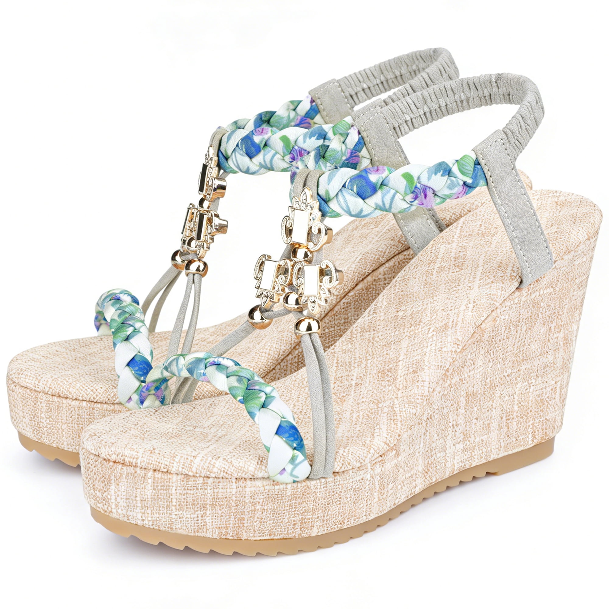 DARING DIVA Women's Stylish Bohemia Pull on Platform Wedge Heel Sandals Silver-2 7.5