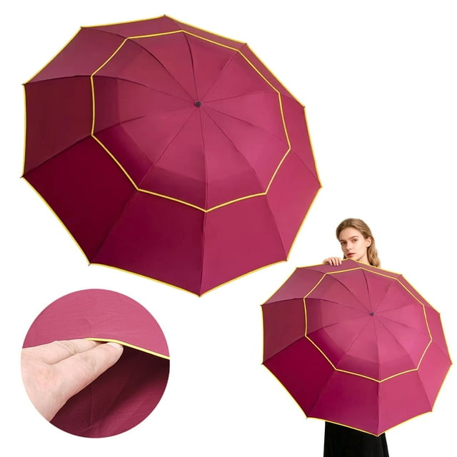 Extra Oversize Large Compact Golf Umbrella Double Canopy Vented Windproof Canopy Rustproof Folding Compact Rain Umbrellas, Can Comfortably Cover Multiple People, Practical Home Tool (Brick Red)
