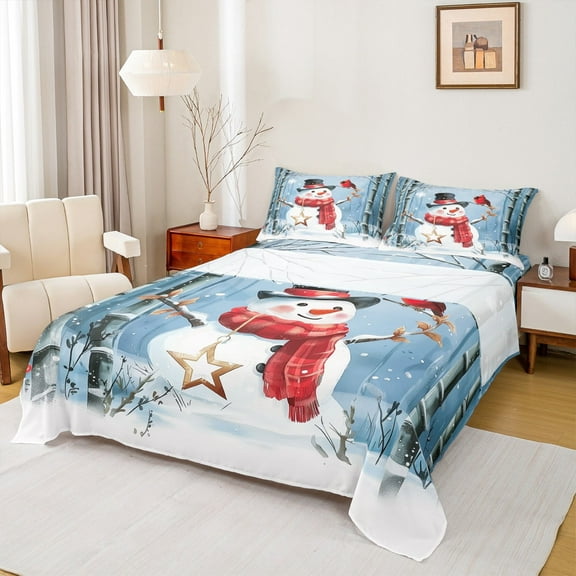 jejeloiu Kawaii Snowmen Twin Sheet Sets,Merry Christmas Twin Fitted Sheet,Red White Blue Flat Sheet For Childrem,Ultra Soft Home Decor,3pcs
