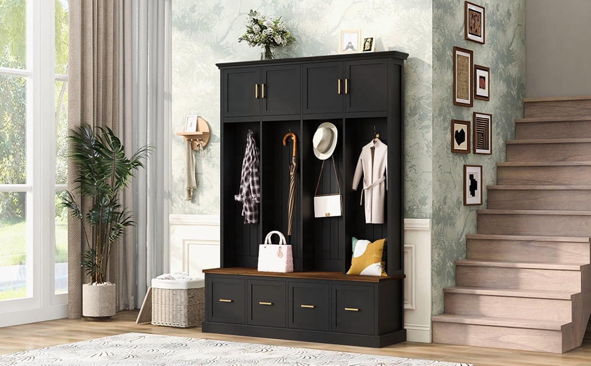 Mintazer 78” Tall Farmhouse Entryway Hall Tree with Coat Rack Hooks, Cabinets, Drawers & Shoe Storage Bench for Living Room, Bedroom, Hallway, Black
