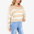 thumbnail image 6 of Women's Long Sleeve Striped Sweater With Crew Neck, Cropped Fit- Medium, Beige, 6 of 6