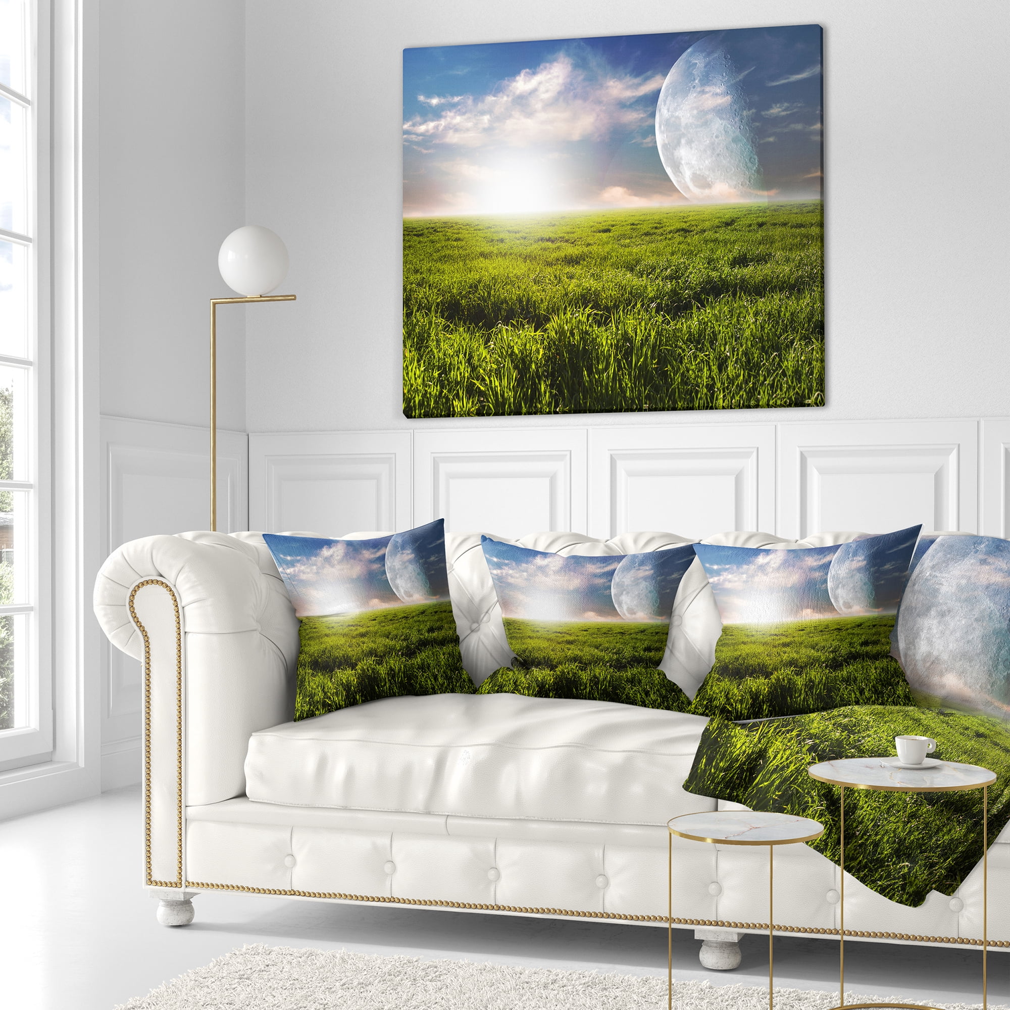 Designart Green Field under Bright Sunlight - Landscape Printed Throw Pillow - 16x16