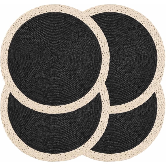 Round Braided Placemats Set of 4 Round Table Mats for Dining Tables 15 Inch Washable Kitchen Table Place Mats Indoor (Black, 4)
