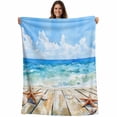 thumbnail image 2 of Flannel Fleece Throw Blanket Summer Ocean Starfish Shell Lightweight Soft Plush Blankets,Watercolor Oil Painting Style Cozy Warm Throw Blanket for Couch Sofa Bed Car Office All Season Use 60x80in, 2 of 9
