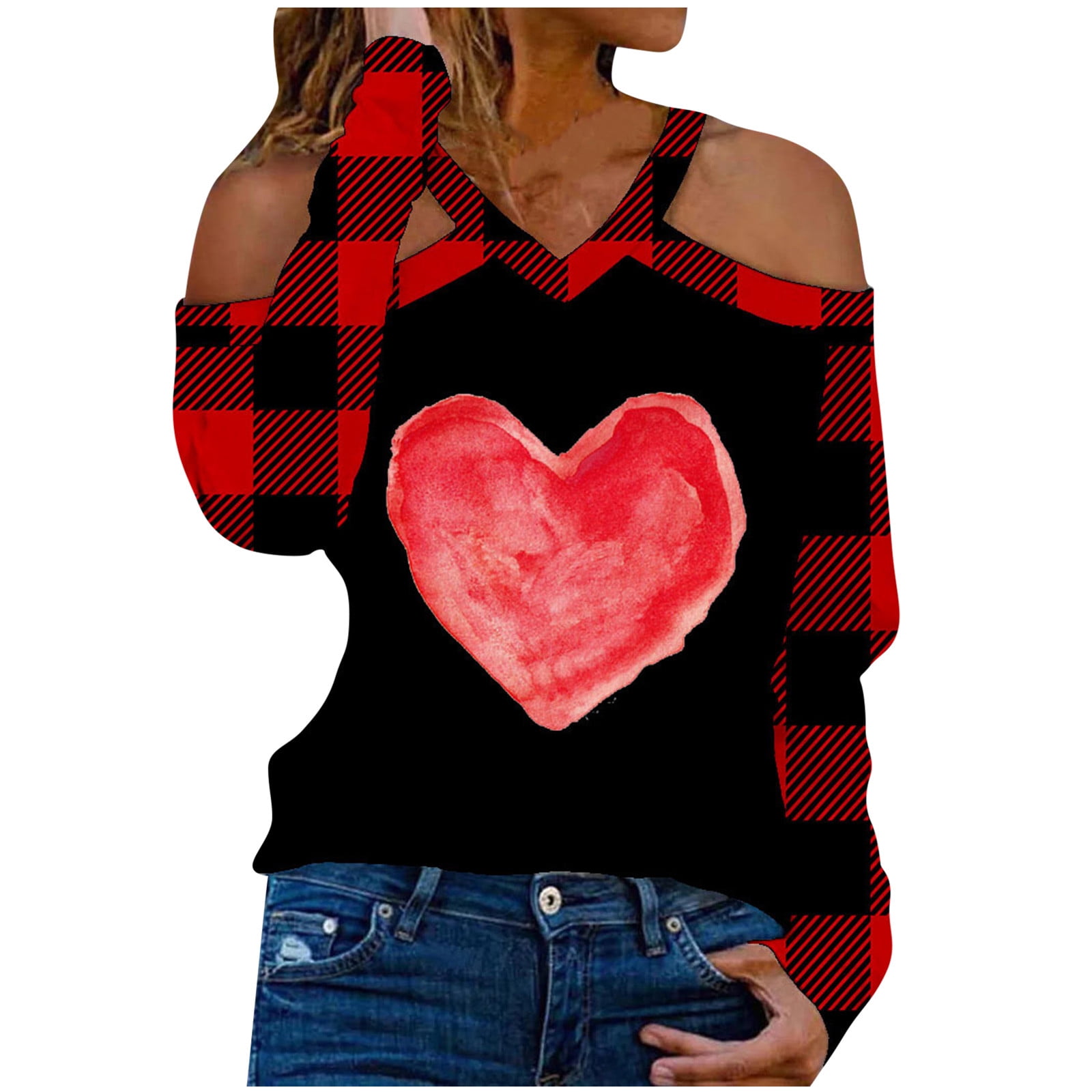 Olyvenn Reduced Tunic T Shirts for Women Love Heart Print Raglan Long  Sleeve V Neck Sling Loose Casual Fashion Ladies Valentine's Day Cold  Shoulder Female Leisure Black XXL 