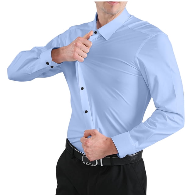pstuiky Camisas casuales de manga larga para hombre, Camisas casuales de moda para hombre con botones y cuello vuelto de tela elástica sólida Tops de hombre xxl