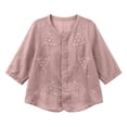 thumbnail image 5 of Qulqfy Cotton Linen Women's Blouses 3/4 Length Sleeve Casual Crew Neck Floral Print Button Down Purple Spring Women Summer Tops L, 5 of 7