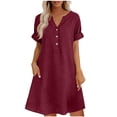 thumbnail image 2 of QUNYINEY Summer Dresses for Women Short Sleeve Midi Faux Cotton Linen Red A Line Dress Loose Fit V Neck Vacation Casual with Pockets Dresses, 2 of 6