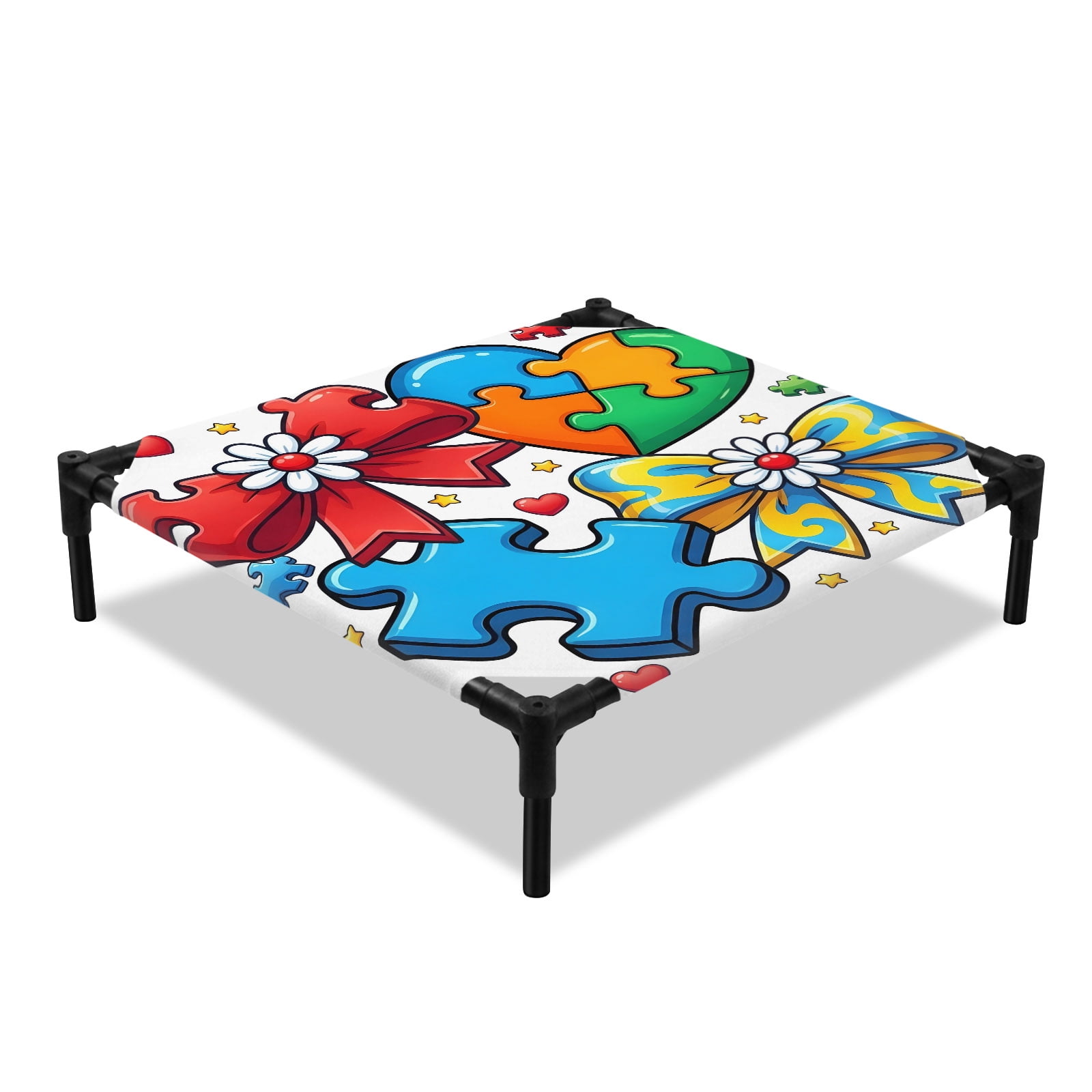 Colorful Pieces Elevated Dog Bed Ribbon Red Blue Yellow Bow Love Hearts Daisy Flowers Cooling Breathable Outdoor Raised Dog Cot Bed with Metal Frame Non-Slip Feet for Small Dog 20x20in