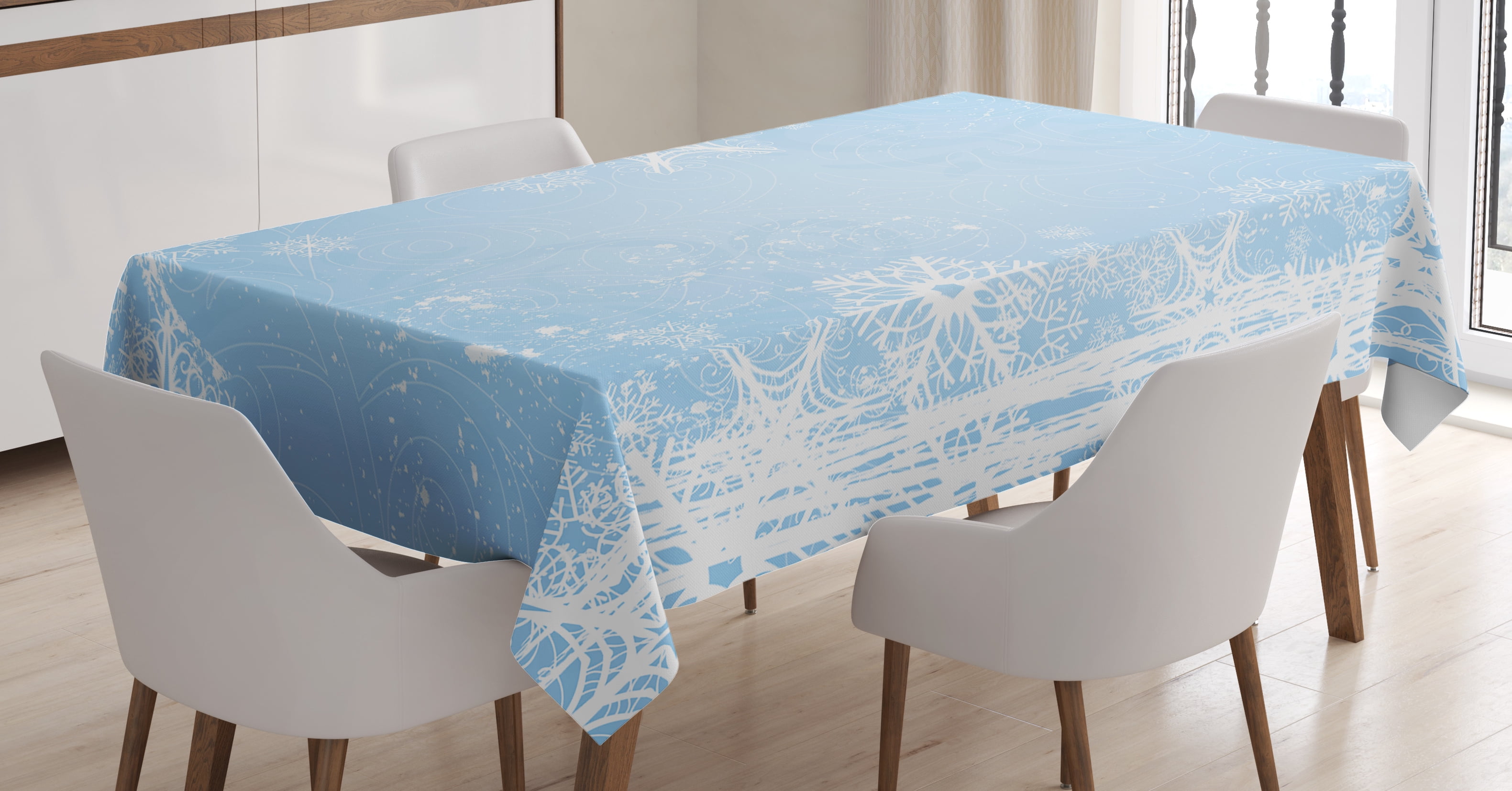 Winter Tablecloth, Abstract Christmas Themed Snowflake Pattern on the