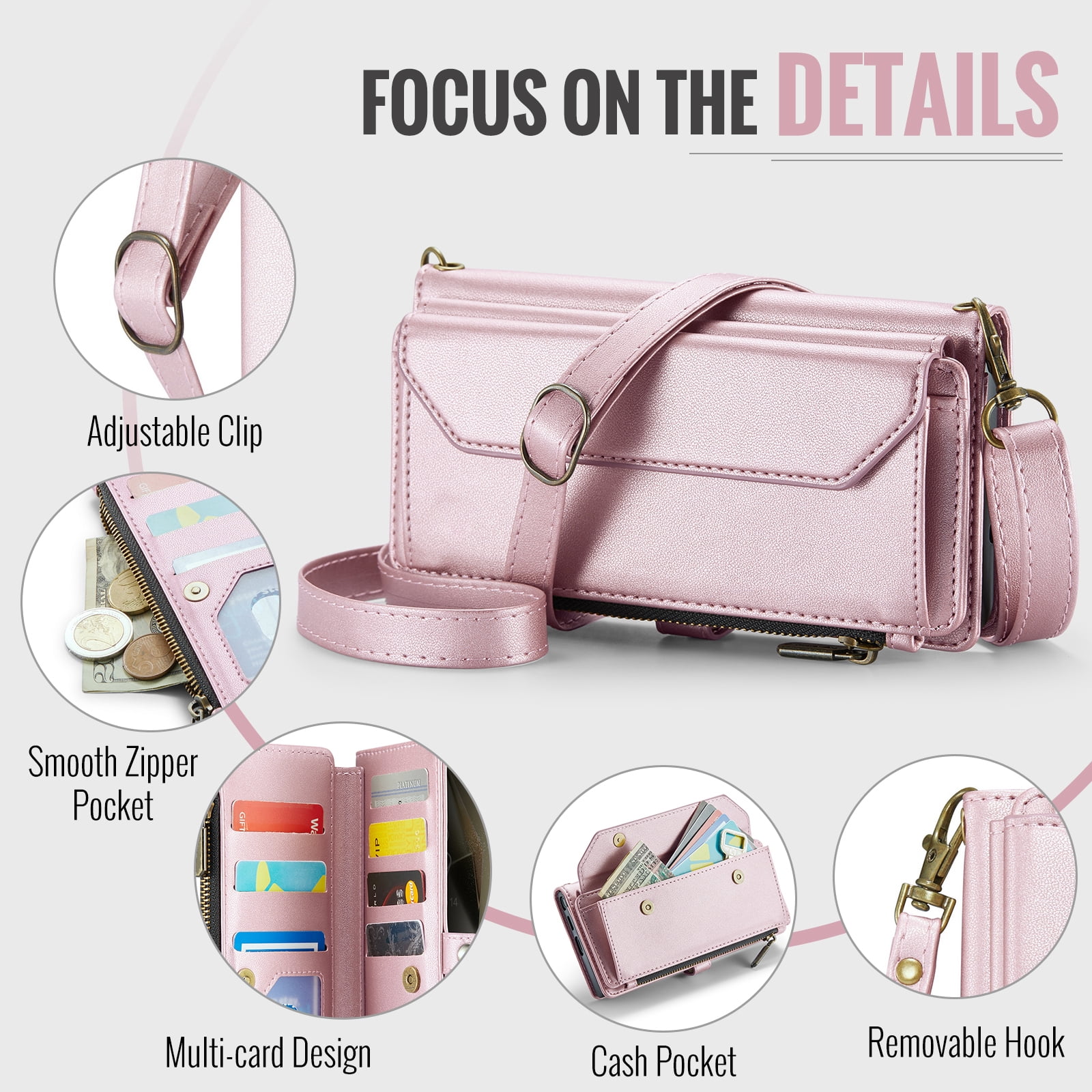 Compatible with Samsung Galaxy S24 Ultra 5G Zipper Wallet Phone Case Tempered Glass Screen Protector Crossbody Lanyard Strap Flip Card Holder Slot Cell Cover for S24Ultra 24S S 24 24U Women Rose Gold