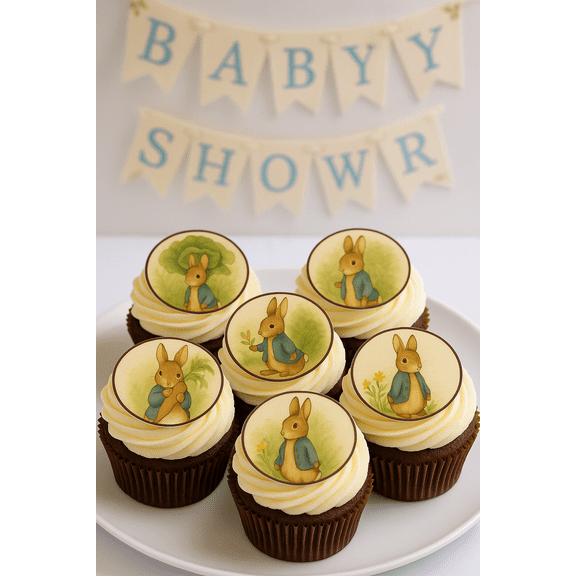24 Edible Peter Rabbit Cupcake Toppers – Uncut Wafer Paper Decorations – Baby Shower, Birthday Party, Beatrix Potter Inspired Cupcake Images – 1.5 Inch Edible Round Toppers for Frosting or Fondant