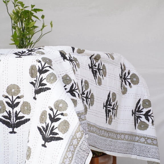 White Floral Indian Kantha Quilt Handmade Cotton Black Olive Block Print Bedspread, Lightweight Hand Stitched Boho Bedding Decor