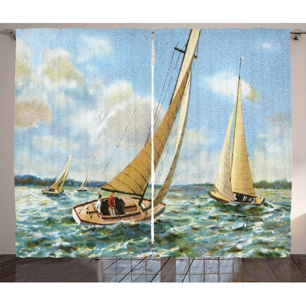Vintage Boat Curtains 2 Panels Set Sailing In Wavy Windy Sea Vintage Painting Style Picture Ocean Hobbies Artwork Window Drapes For Living Room Bedroom 108w X 96l Inches Multicolor By Ambesonne