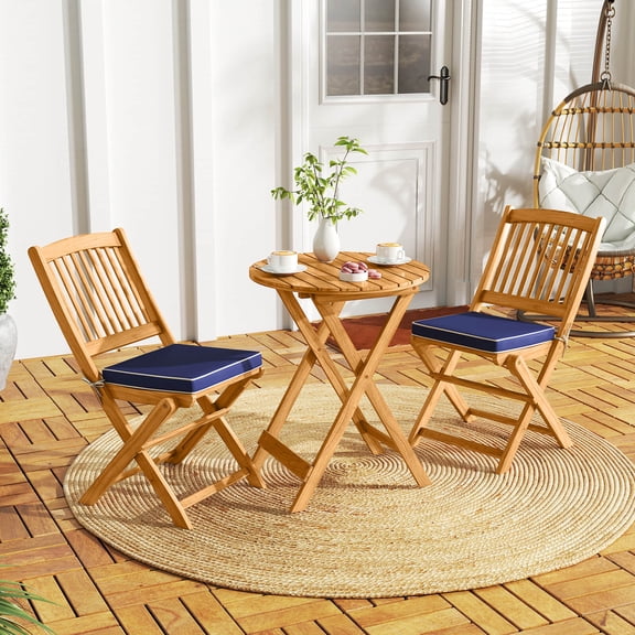 Costway 3PCS Patio Folding Wooden Bistro Set Cushioned Chair Conversation Navy Blue Cushion