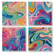 Conimar Color Swirl Stoneware Coasters, with Pinks, Blues, Yellows, Oranges Colors, 4Pk