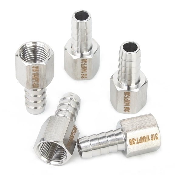 LTWFITTING Bar Production Stainless Steel 316 Barb Fitting Coupler 3/8" Hose ID x 1/4" Female NPT Air Fuel Water (Pack of 5)