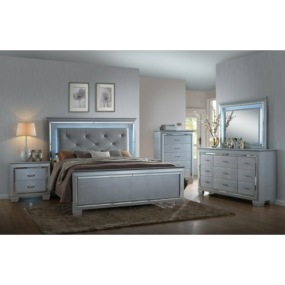 Alis Silver LED Upholestered Bedroom Set Special King 3 Piece: Bed, Dresser, Mirror