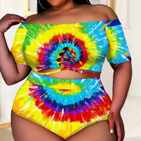 Alkepwun Women s Plus Size Swimsuits Off Shoulder Bathing Suits Two Piece Tankini Sets Floral Swimwear Sexy Criss Cross Swim Crop Top with Bottoms