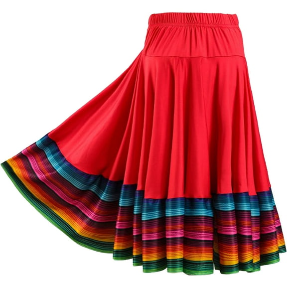 TiaoBug Women Mexican Flamenco Swing Long Skirt Spanish Full Circle Folklorico Dance Skirts Red 55cm XXL