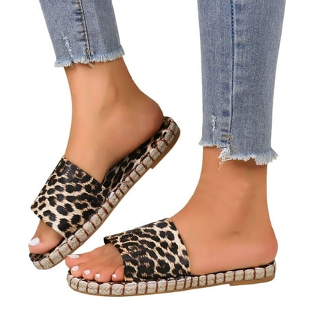 

ZIZOCWA Summer Women Flat Beach Slippers Leopard Print Leather Open Toe Sandals Shoes Non-Slip Outdoor Casual Flip Flops Sandals Soft Brown Size7