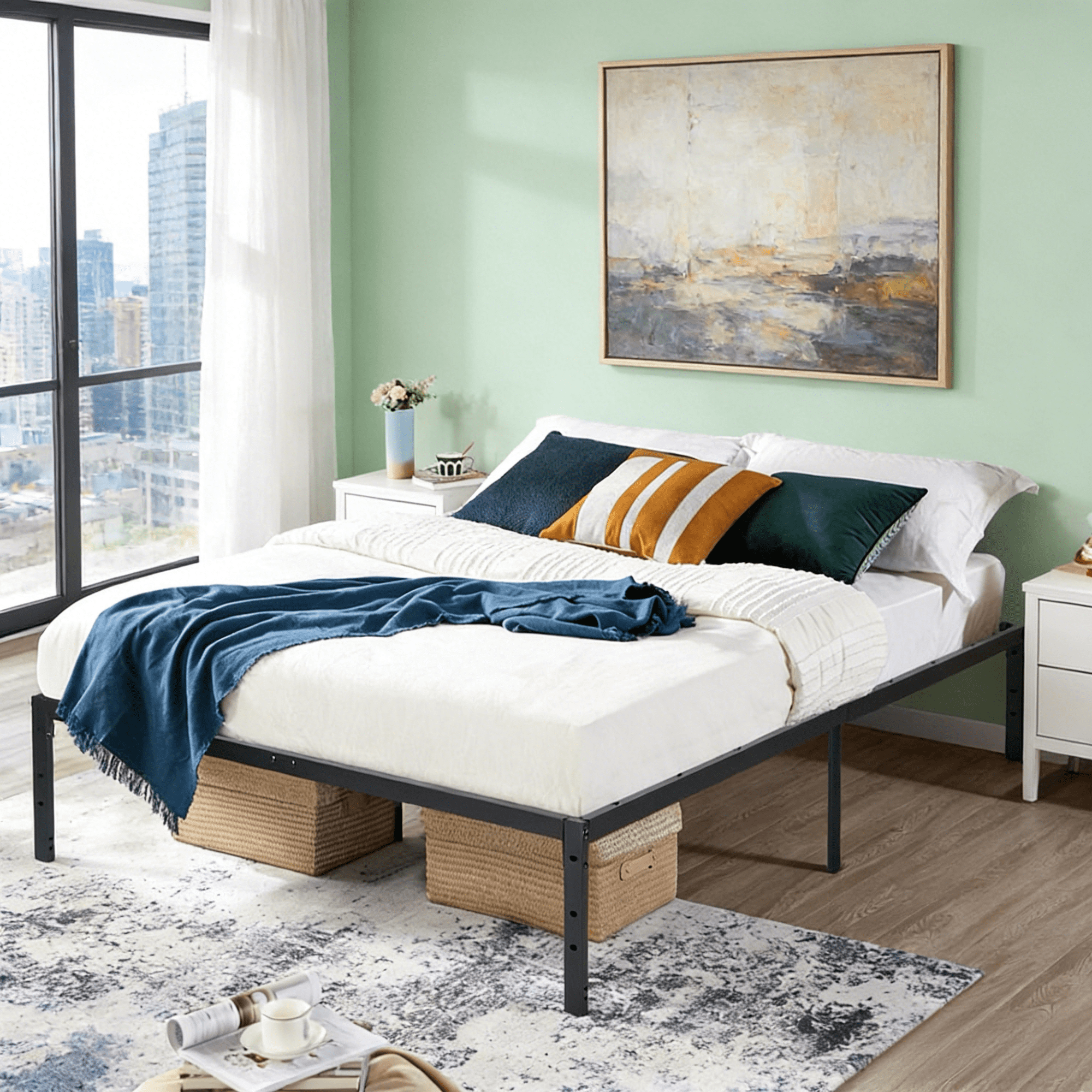 Gewnee 55 Inches Full Bed Frame,Heavy Duty Metal Platform with Storage Space Under Frame,No Box Spring Needed,Black