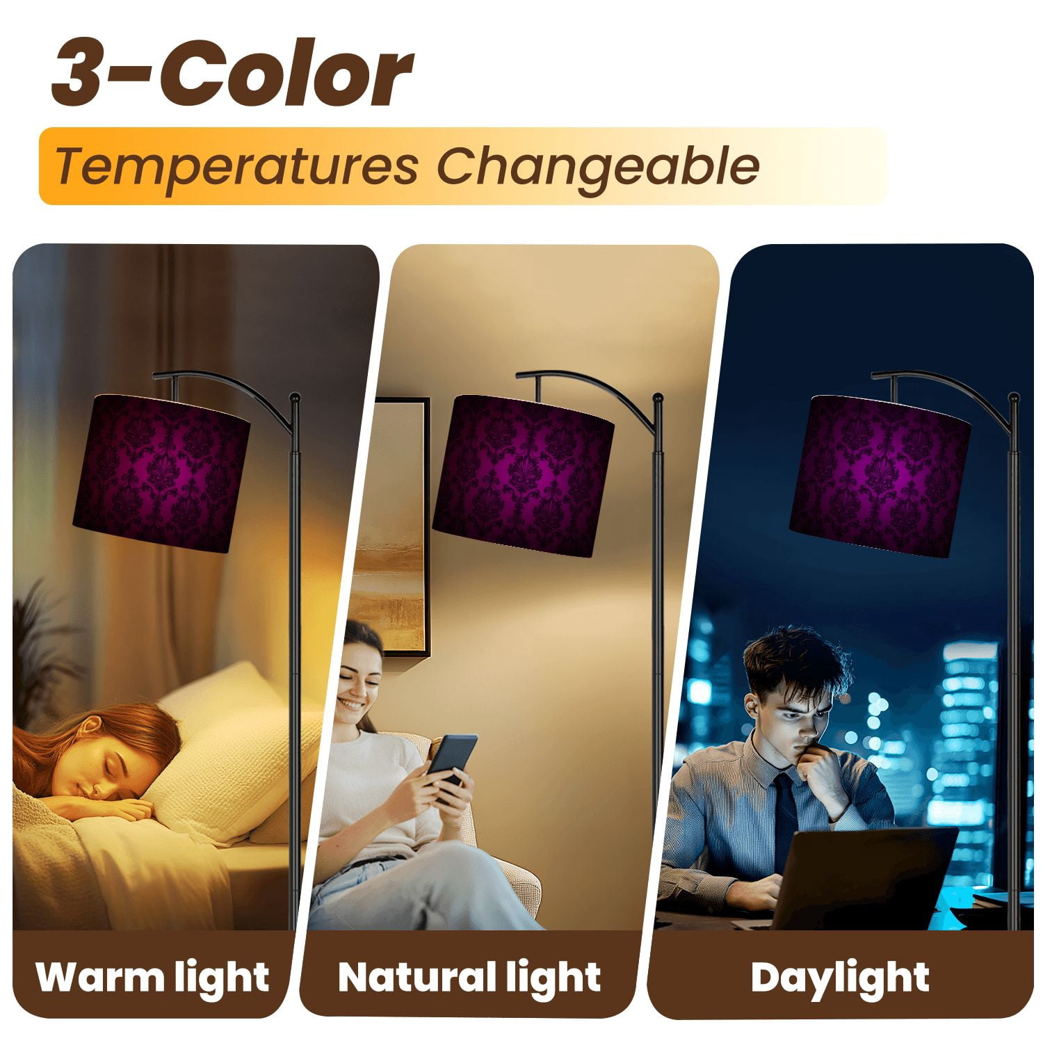 Arc Floor Lamp Royal vintage Gothic dark purple black Royal Tall Modern Standing Lamp LED Adjustable Linen Lampshade 3 Color Temperatures