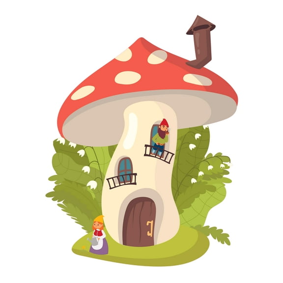 Vinyl Mushroom Gnome Dwarf Shelter Decor Home Art Adhesive Wall Decal Sticker | 25" x 25" Kids Bedroom Living Room Mythological Small Humanoid Creature Design Removable Nursery Wall Decoration