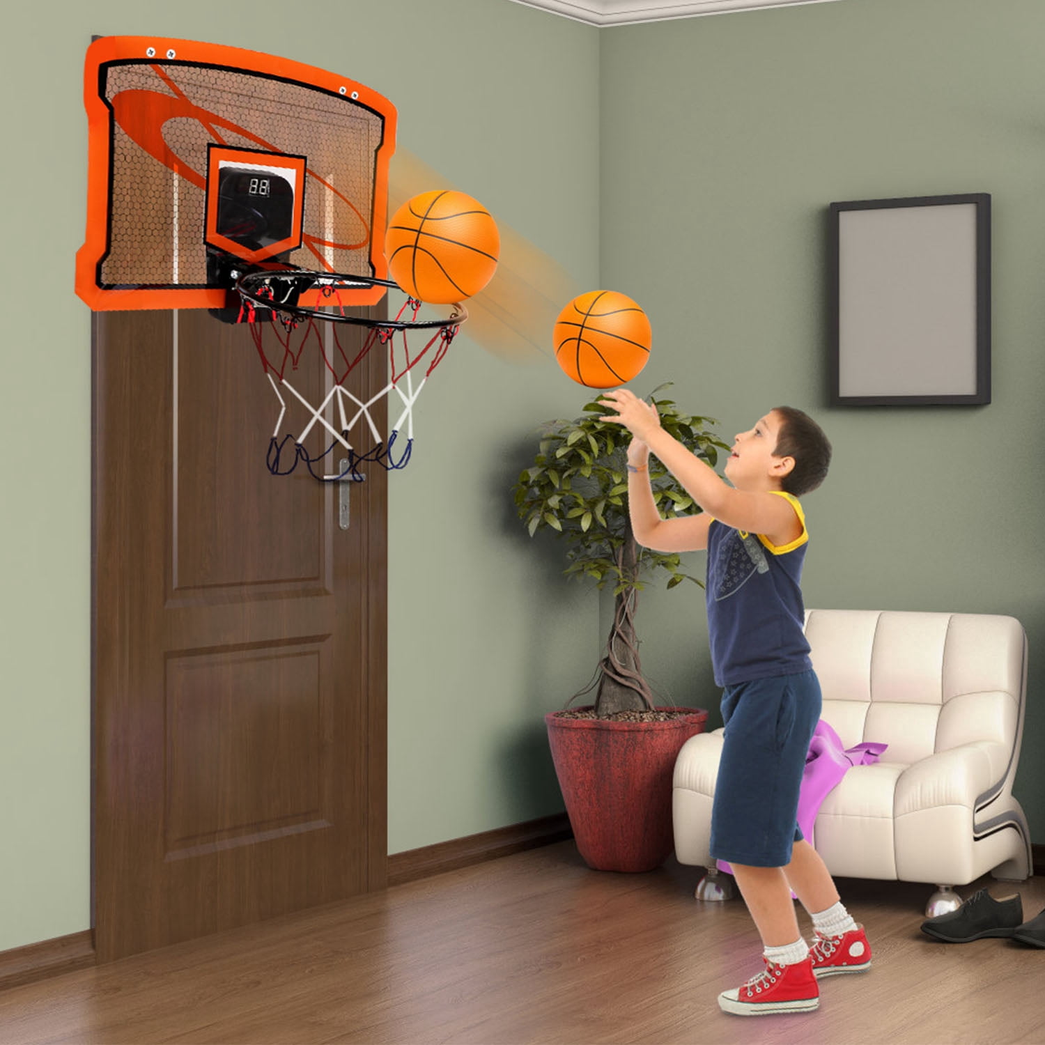 Mini Wall Room Basketball Hoop Rim  Kids Basketball Toy w/ Inflatable Balls Scorer