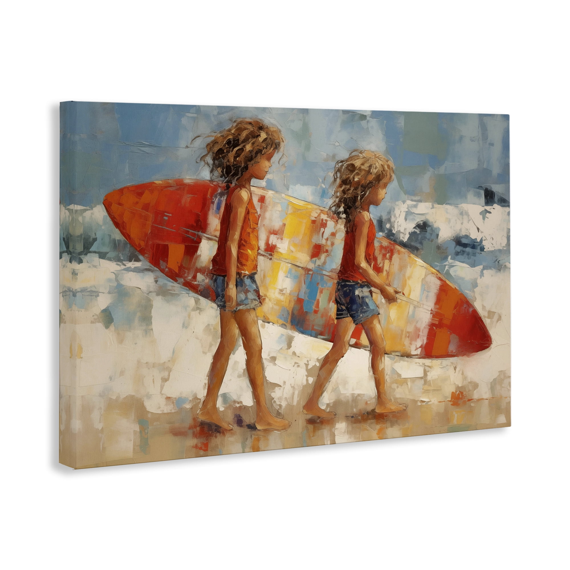 Stupell Industries Kids with Surfboard Sports Painting Gallery Wrapped Canvas Art Print Wall Art, 45 x 30