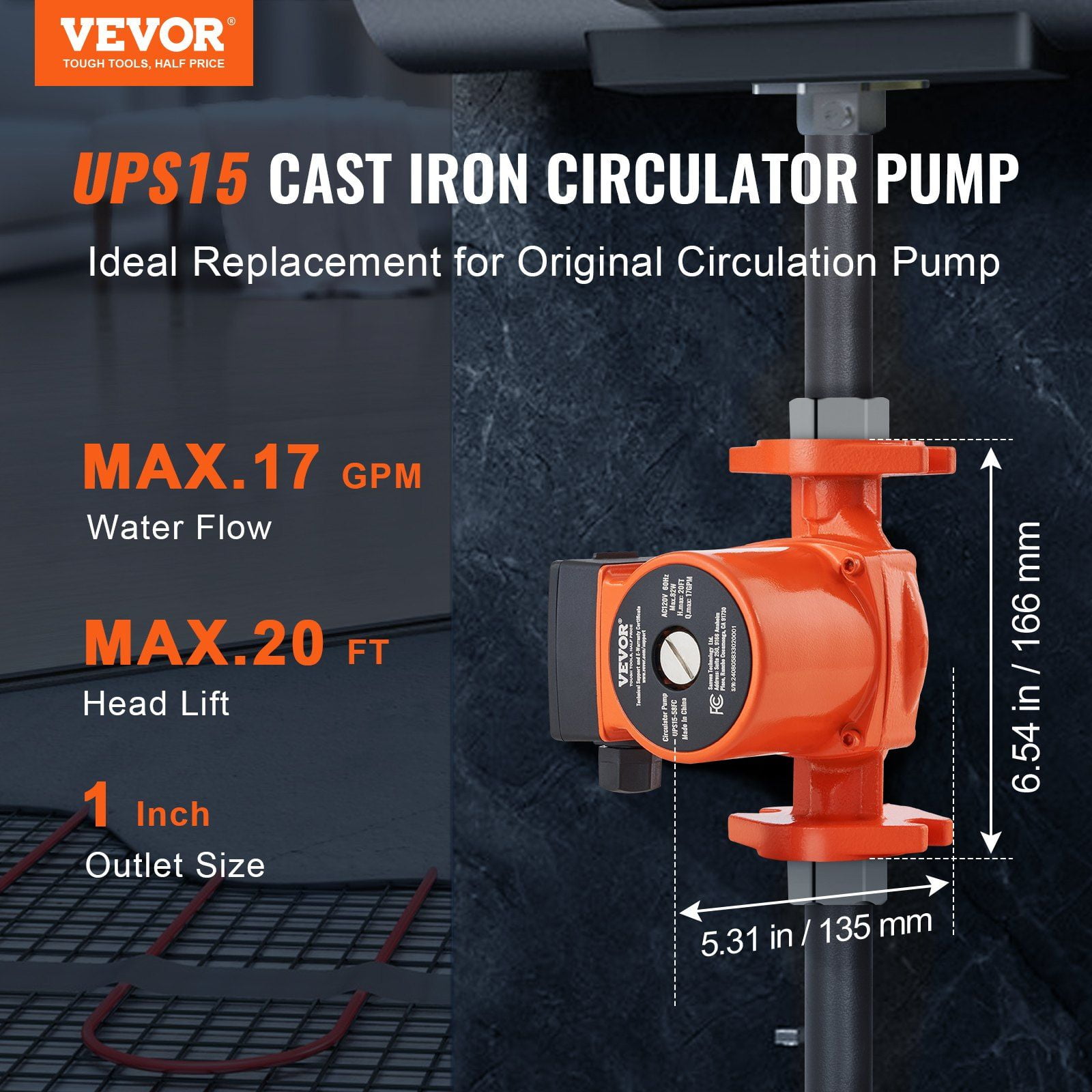 UPS15-58FC Hot Water Recirculating Pump - 82W 110V, 17 GPM High Efficiency Circulation Pump for Tankless Heaters, Hydronic Heating & Plumbing Systems
