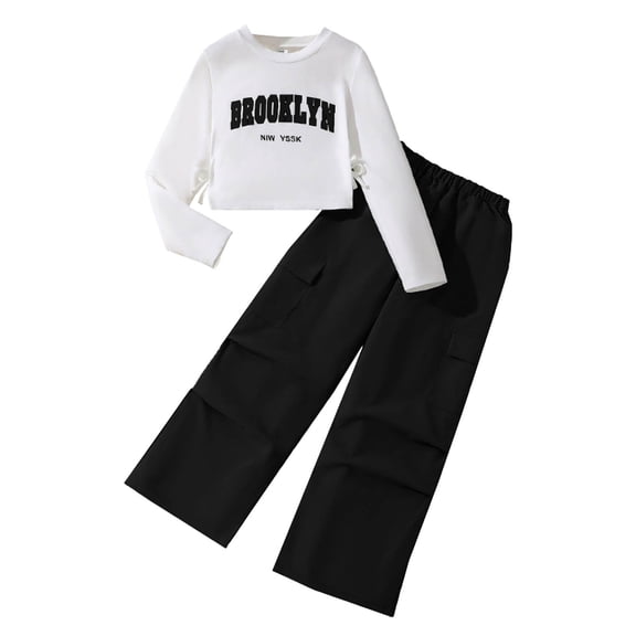 YEPGAR Older Kids Matching Outfit Long Sleeve Letter Print Sweatshirt Wide Leg Overalls Clothes Fashion Street Style Loose Fit Design (Black, 8-9 Years)