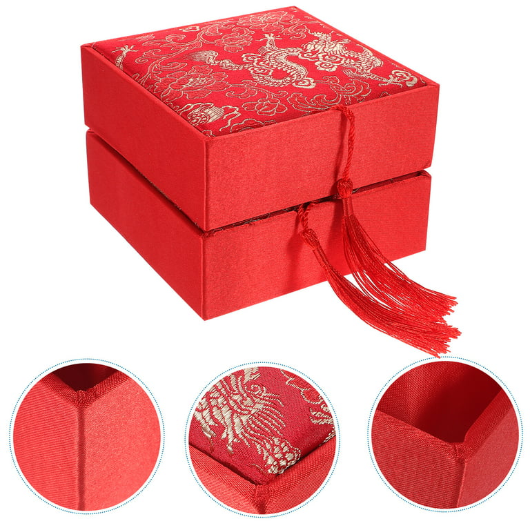 Nuolux 2 Pcs Chinese Style Brocade Gift Box Satin Jewelry Case Rosary Bearer Bracelet Container Bangle Holder for Display - Golden Loong Pattern (Red