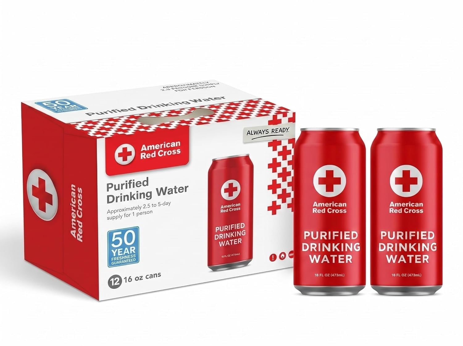 American Red Cross Licensed Emergency Drinking Water Cans by Aqua Emergency 12 Pack (16 fl oz / 473 ml Each) – 50 Year Shelf Life Long Term Water Storage, Disaster Preparedness Survival Supply