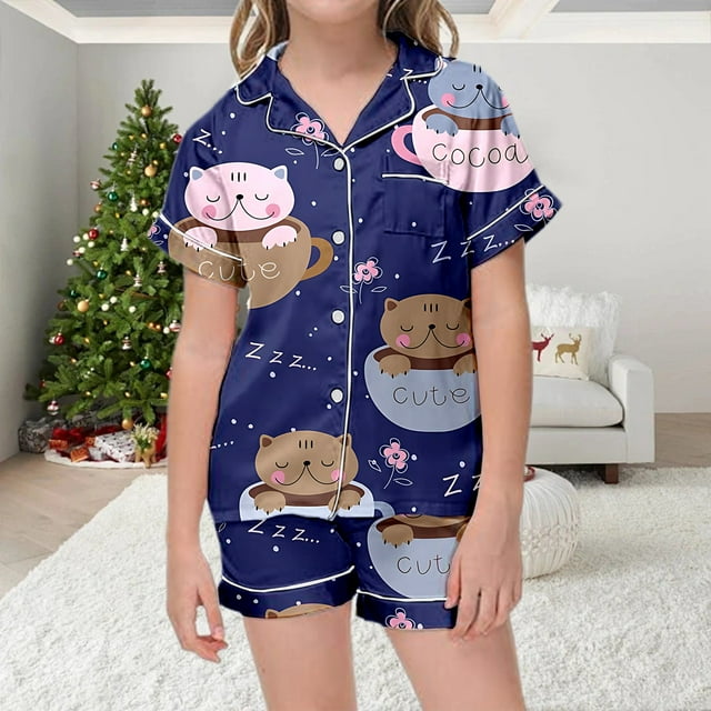 Girls Cute Printed Short Sleeve Button Up Pajama Set with Comfortable Shorts for Cozy Home Wear