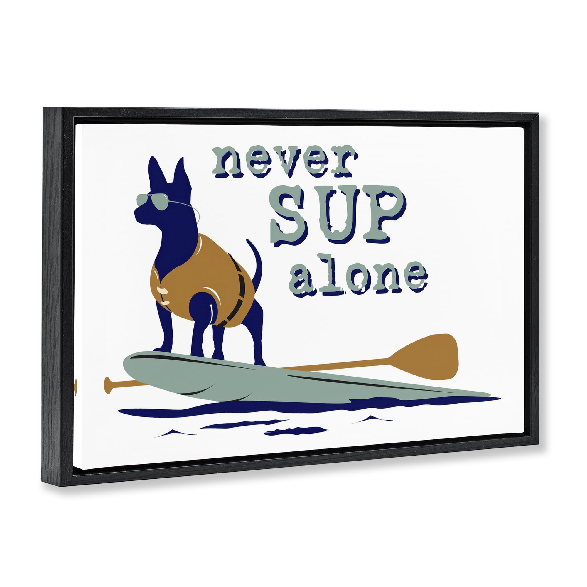 Stupell Industries Never Paddleboard Alone Dog Animals Painting Black Floater Framed Canvas Art Print Wall Art, 31 x 21