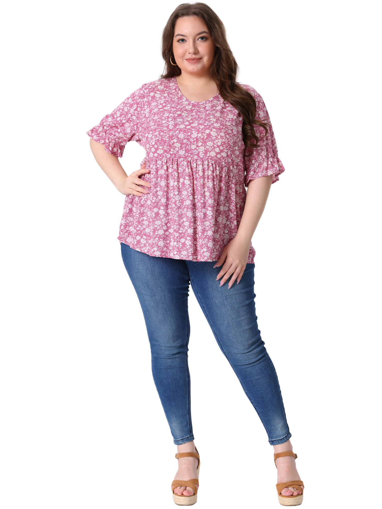 DARING DIVA Women's Plus Size Floral V Neck Ruffle Short Sleeve Blouses 4X Pink