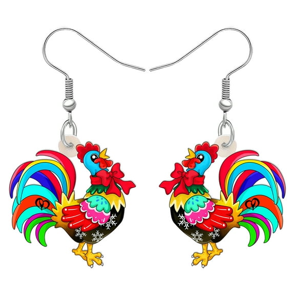 NEWEI Christmas Day Acrylic Colorful Rooster Earrings Cute Bow Tie Chicken Farm Animals Dangle Drop Hypoallergenic Jewelry For Women Charms Holiday Party Gifts