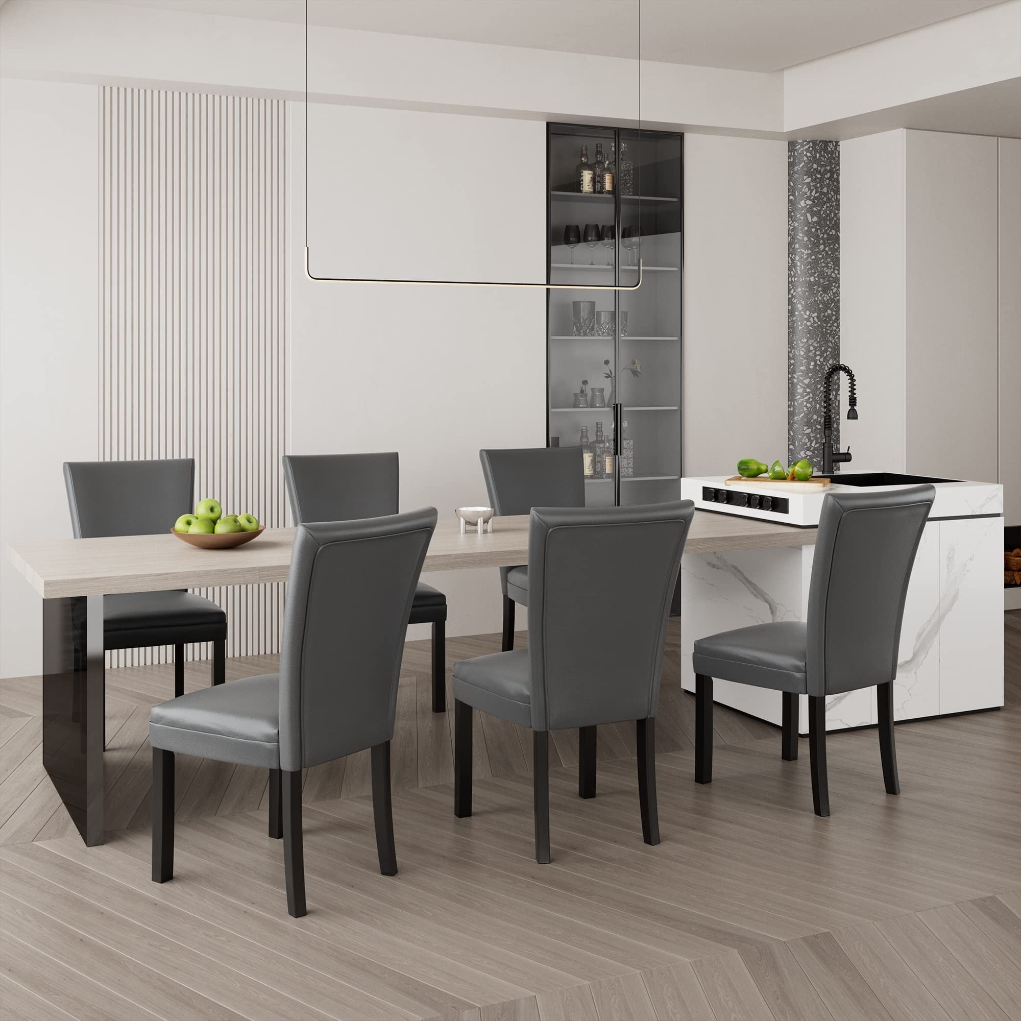 Jesonvid Faux Leather and Solid Wood Dining Side Chairs, Gray（Set of 6）