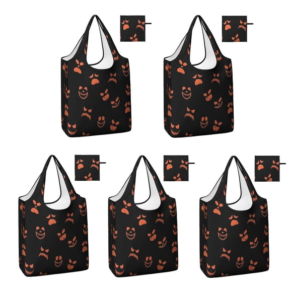 5 Pack Foldable Shopping Bag,Spooky Pumpkin Faces Halloween Pattern Reusable Grocery Bags with Pockets,Large Reusable Tote Bags with Handles Waterproof & Lightweight