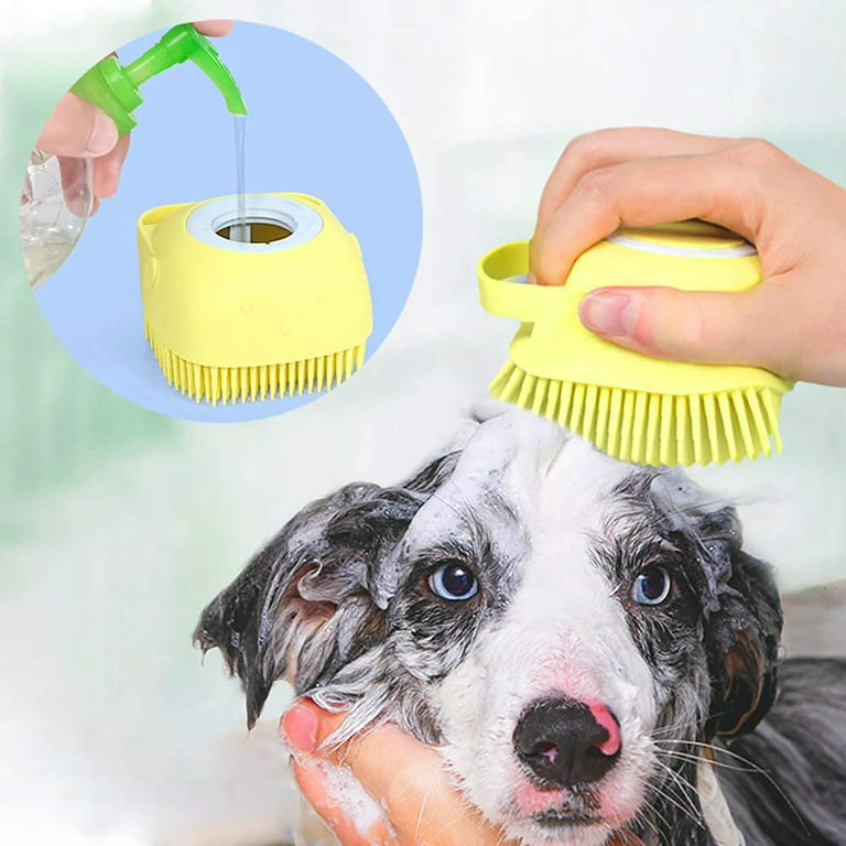Dog Bath Brush,Dog Scrubber Best Pet Bathing Tool for Dogs, Dog Wash Scrub  Soft Silicone Dog Grooming Brush Bristles with Loop Handle Give Pet Gentle  Massage,Extra Shampoo Dispenser(Yellow) 