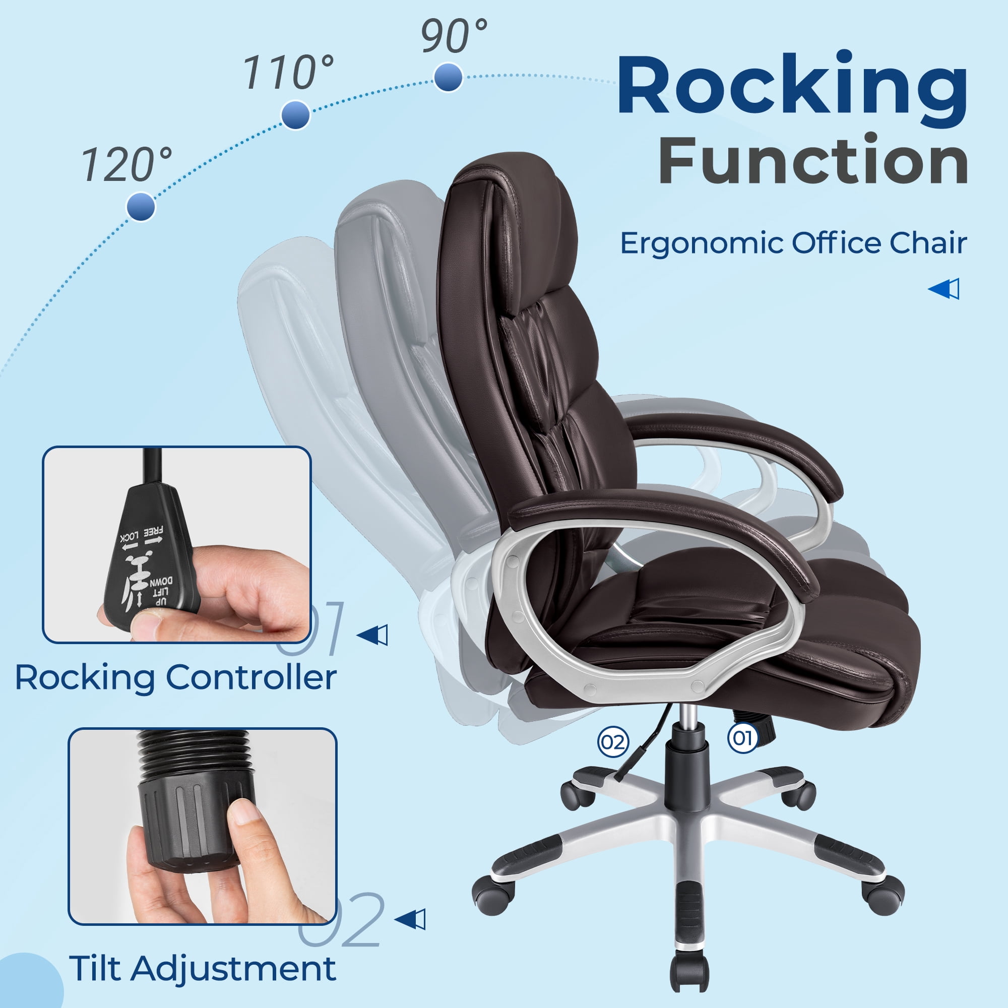 Vineego Office Chair High Back Computer Chair Ergonomic Desk Chair, PU Leather Adjustable Height Modern Executive Swivel Task Chair,Brown