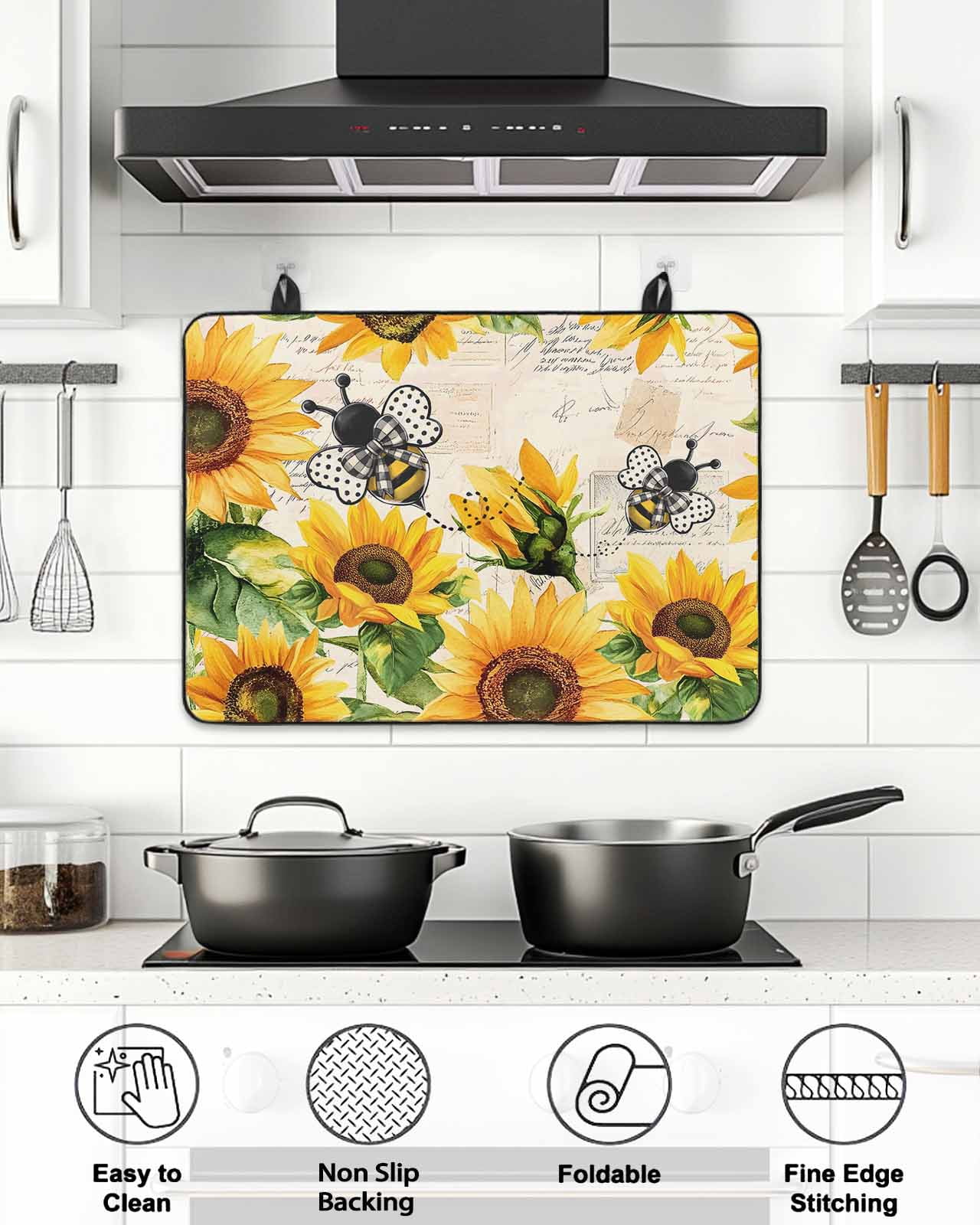 Stove Top Covers for Electric Stove, Sunflower Bee Glass Stovetop Cover Protector, Yellow Botanical Vintage Rose Floral Spring Induction Cooktop Protector Oven Mat for Kitchen Countertop 24"x21"