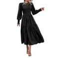 thumbnail image 5 of Fall Spring Women Dress Long Lantern Sleeves A-line Patchwork Round Neck Solid Color Pleated Bohemian Style Midi Dress Party Dating Dress, 5 of 8