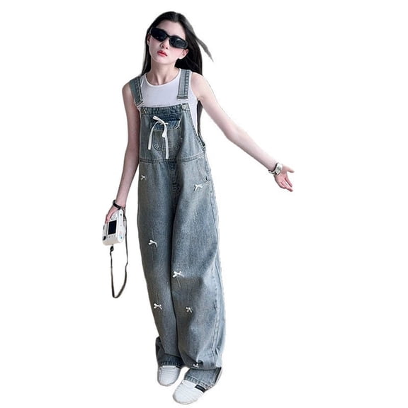 Kids Girls Denim Overalls Kids Sleeveless Wide Leg Jumpsuit Bib Overall with Pockets Light Blue 5 Years-6 Years