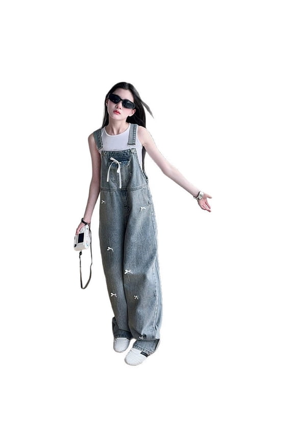 Teen Girls Rhinestone Denim Overalls Cute Bow Baggy Romper Jumpsuit, Sizes 15-16