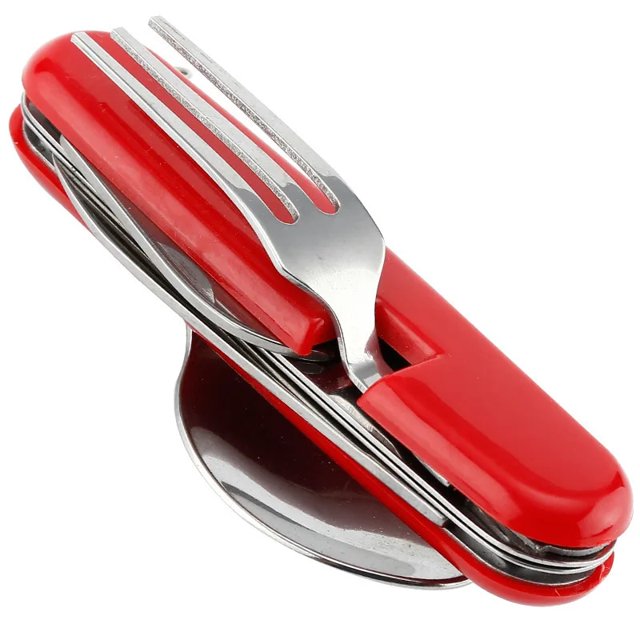 Vaisselle d'Extérieur Multifonction 4 en 1 en Acier Inoxydable Pliable Fourchette Cuillère Couteau Pique-Nique Camping Randonnée Voyage Vaisselle Rouge