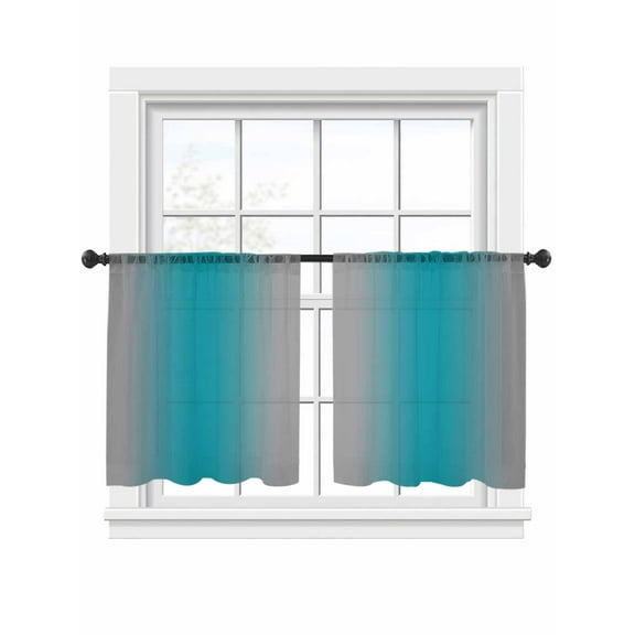 Turquoise Grey Ombre Sheer Curtains 54 Inch Long 2 Panels, Gradient Color Light Filtering Rod Pocket Semi Sheer Curtains, Sheer Voile Drapes for Living Room Bedroom, 52"x54"